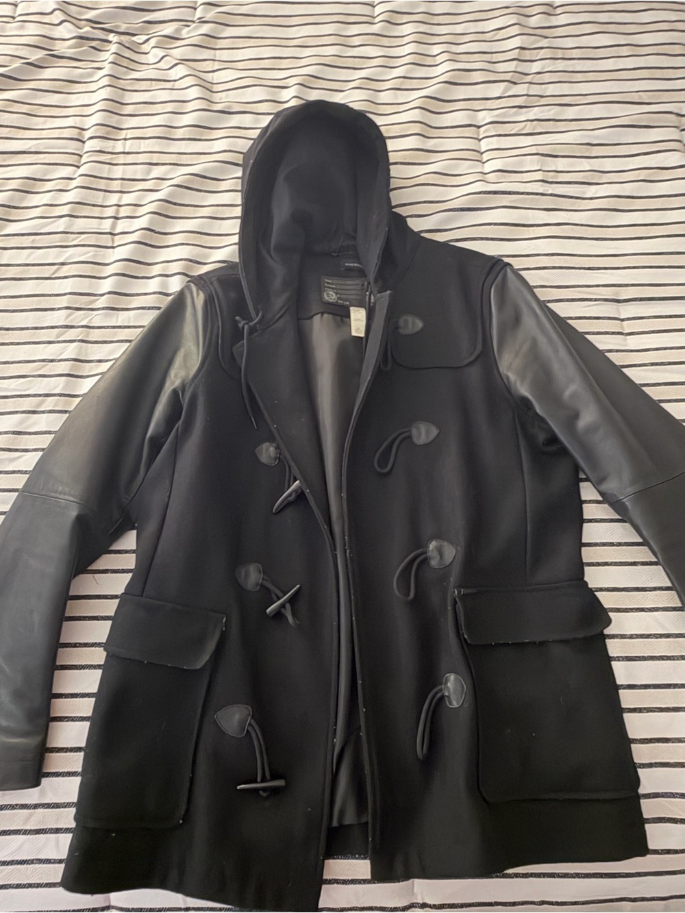 Vintage DIESEL Black Hooded Duffle Coat with Leather Sleeves *Extremely Rare*